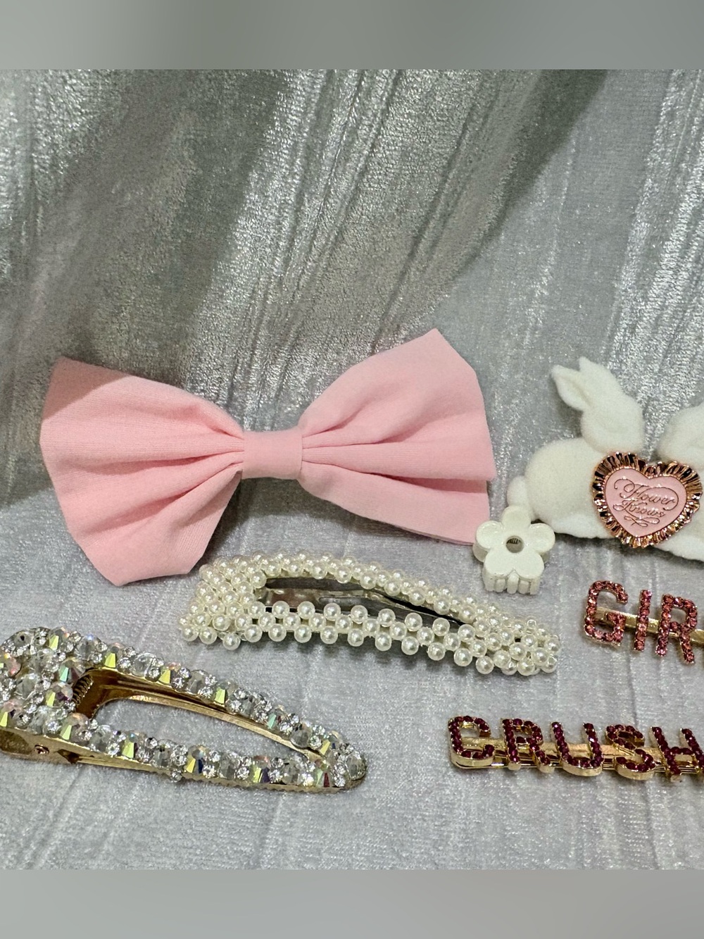 Pink Bow & Pearl Hair Clip Set